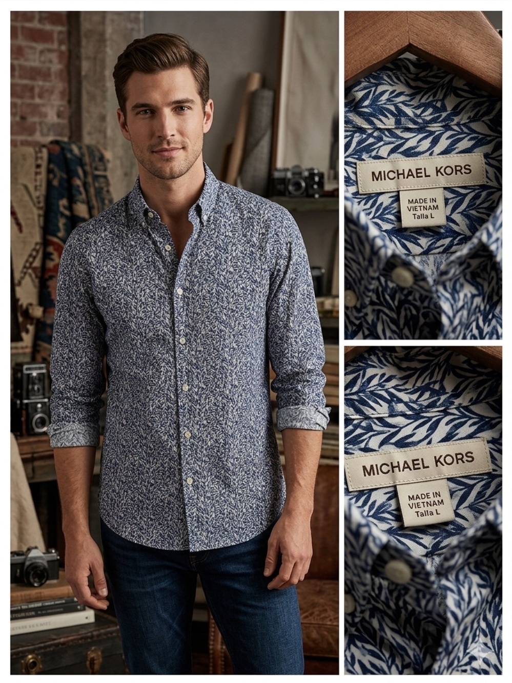 Michael Kors Men's Navy and White Leaf-Print Button-Down Shirt